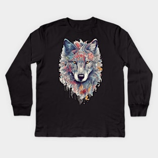 Colorful Wolf With Flowers Kids Long Sleeve T-Shirt